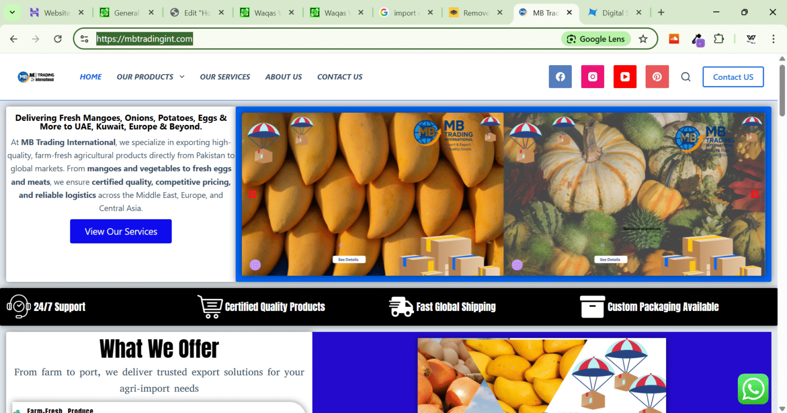 An elegant corporate website for an international fruits & vegetable exporter with SEO-optimized product pages.